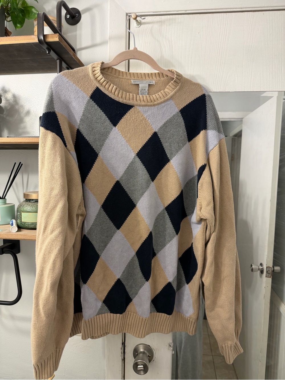 Geoffrey Beene Beige, 100% Cotton Navy & Gray Argyle Crewneck Sweater